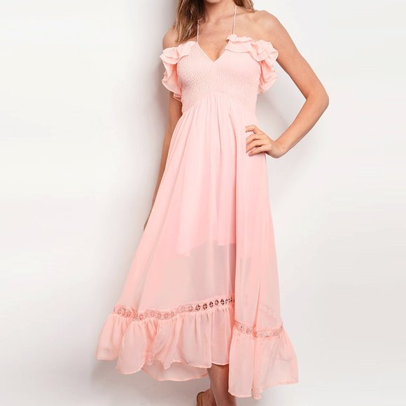 Bright Pink Chiffon Ruffle Halter Midi Maxi Dress - Picture 5 of 8